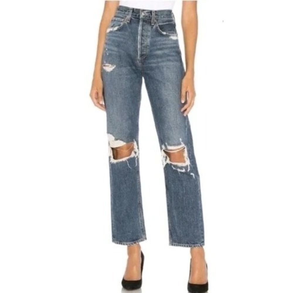 Agolde Womens 90s High Rise Loose Fit Distressed Blue Jeans Psyche Wash Size 28‎